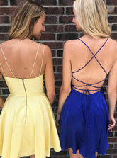 A-Line V-Neck Backless Yellow and Royal Blue Short Prom Dress Homecoming